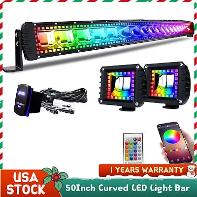 Curved 50  LED Light Bar With RGB Chasing Halo For Jeep Offroad Driving Truck • $195.99