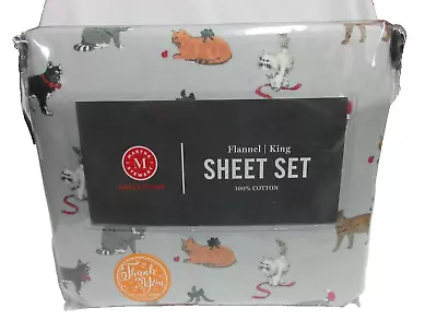 Martha Stewart Printed CATS/KITTENS Cotton Flannel 4Pc King Sheet Set CHRISTMAS • $69.54