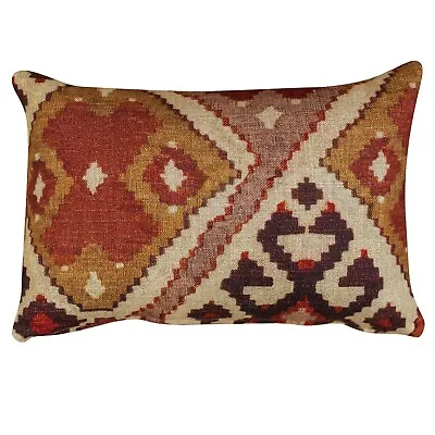 Linen Printed Kilim Ikat Boudoir Cushion. 17x12  Rectangle. Terracotta Orange. • £19.99