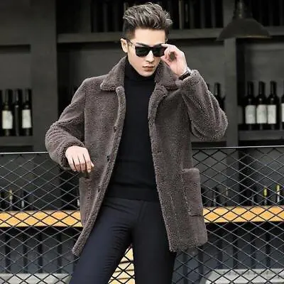 Men Faux Lamb Fur Mid Long Trench Coat Single Breasted Parka Winter Overcoat 5XL • $79.99