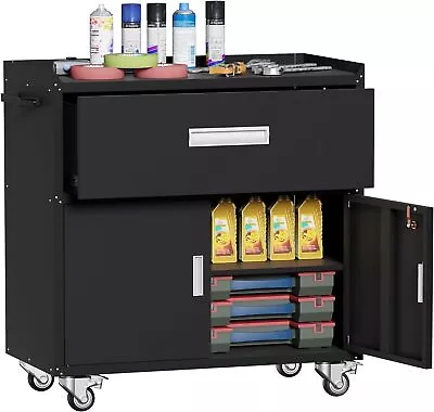 Garage Metal Storage Cabinet For Garage With Adjustable Shelves Wheels Rolling • $160.99