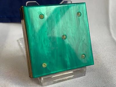 Vtg Compact Green Marbled Acrylic Rhinestone Mirrored Powder Box Makeup Vanity • $29.95