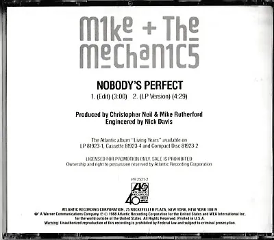 Mike And The Mechanics Nobody's Perfect 2 Ver. US 1988 Atlantic Promo CD PR 2521 • £7.99