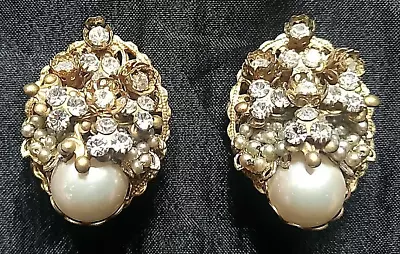 Vtg Miriam Haskell Faux Baroque Pearl Rhinestone Clip Earrings Unsigned Filigree • $37.49