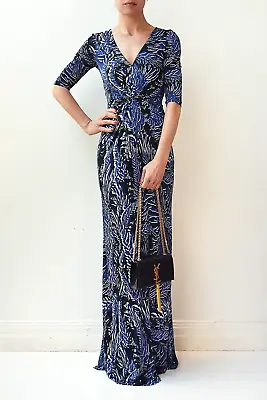 £95.18 • Buy MATTHEW WILLIAMSON Blue Black Feather Print Jersey Maxi Dress Fits Sz 8 $1275