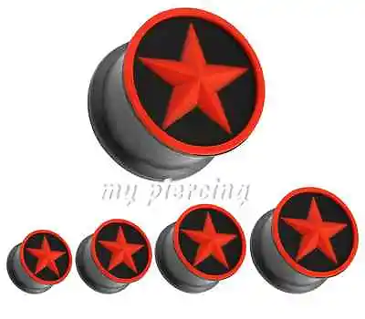 PAIR Red Star In Black Flexible Silicone Double Flared Ear Plugs 2G To 5/8   • $7.57