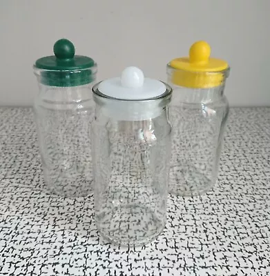 70s 80s Vintage Retro Small Glass Storage Jars Display Coloured Plastic Lids X 3 • £15