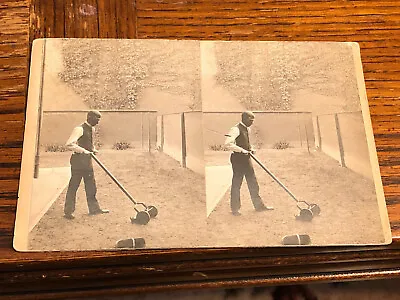 1900 Era Stereoview Man With Lawn Mower Double Sided Winter Horse Drawn Sleighs! • $13.49