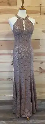 R&M Richards Lace & Sequence Light Brown Halter Top Formal Dress Size 6 • $48