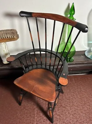 Adorable Mini Windsor Wooden Spindle Back Arm Chair Black/Brown Vintage 15” • $13.50