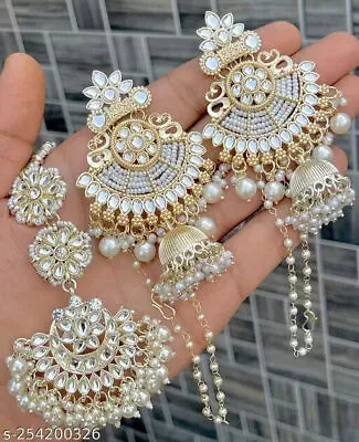 Bollywood Style Gold Plated Indian Jewelry Kundan Mangtika Jhumka Earrings Set • $29.62