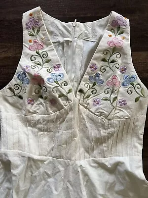 VTG Linen Embroidered Cream Colored Floral Midi Dress Sz Small 50s Empire Waist • $44