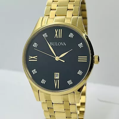 Bulova Men's Diamond Classic Gold Stainless Steel Black Dial 40mm Watch 97D108 • $150