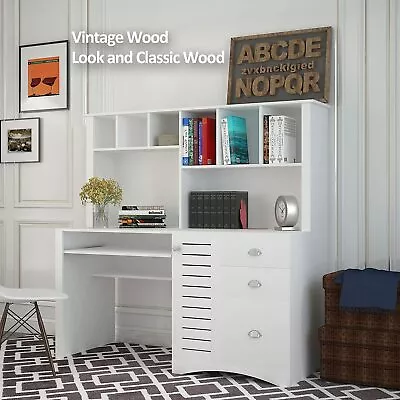 Computer Desk With Hutch Drawers & Bookshelf For Small Space Wood Executive Desk • $398.88