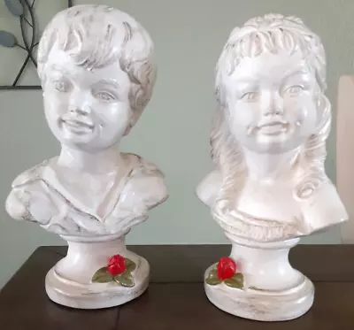 Vintage 1962 Head Busts Boy And Girl W Red Rose Universal Statuary Corp Chicago • $28.50