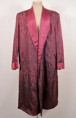 VTG Men's 50s Maroon Paisley Long Rayon Satin Smoking Jacket / Robe Sz L 1950s • $59.99