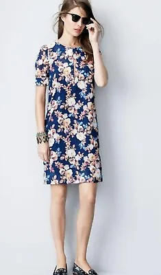 J. Crew Blue Antique Floral 100% Silk Shift Keyhole Short Sleeve Dress Size 2 • $18