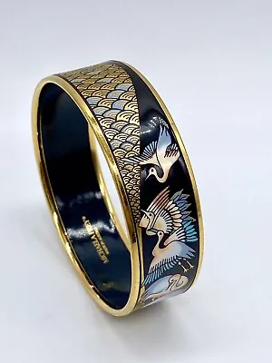 Michaela Frey 24k Gold Plated Enamel Bangle Bracelet Art Deco Heron Crane Signed • $125