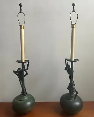 Rare PAIR Of Vintage Maitland Smith Bronze Monkey Candlestick Lamps • $1250