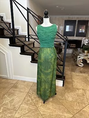 Mary McFadden Couture 70s Jewel Tone Green Plisse & Chiffon Print Column Gown S • $295