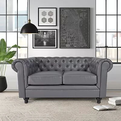 Hertford Chesterfield Faux Leather 2 Seater Sofa In Dark Grey • £529.95