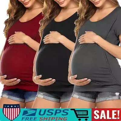 Womens Pregnant Maternity Short Sleeve Breastfeeding T-Shirt Nursing Blouse Tops • $13.06