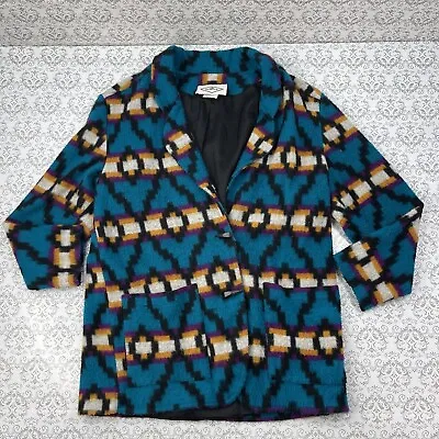 VTG DWSF USA Navajo Fleece Aqua Blue Blazer Jacket Coat Women's Size S Aztec • £18.03