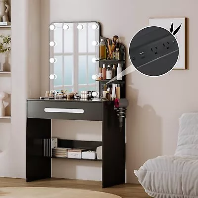 Modern Vanity Desk With Lighted Mirror Desk Makeup Dressing Table With Power... • $191.52