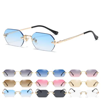 Rimless Rectangle Sunglasses 90s Retro Vintage Designer Tinted Sun Glasses UV400 • £11.69