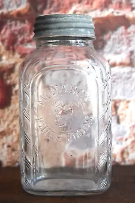 Vintage Monarch Finer Foods Glass Jar Embossed Lion Head Chevron Sides With Lid • $34.95