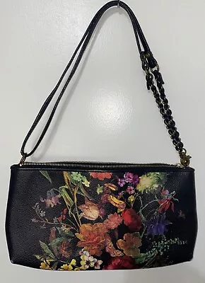 Elliott Lucca Black Floral Handbag Multi Color Polyvinyl With Leather Trim • $17.99