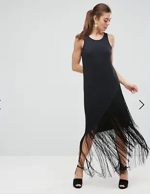$69.99 • Buy New Stretch Jersey Maxi Flapper Dress Black With Fringe  18 .