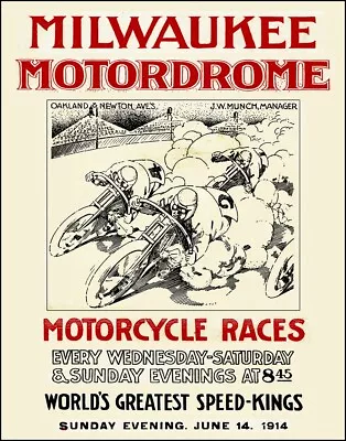 1914 Milwaukee Motordrome Vintage Motorcycle Racing Poster Art Print • $10.50