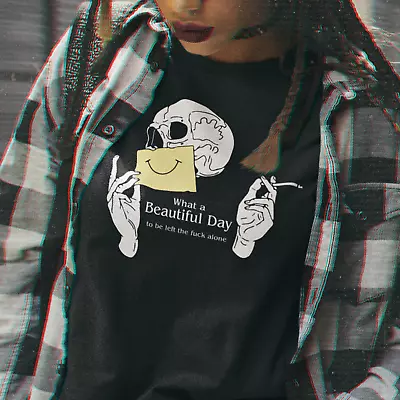 What A Beautiful Day Black T-Shirt Top Tee - Skull Skeleton Goth Smile Explicit • £8.99