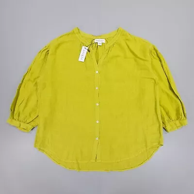 Velvet By Graham & Spencer Womens Shirt Lime Yellow Large Linen Button Front • £26.99