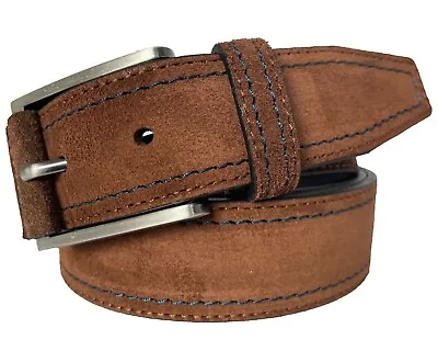 Mens Italian Suede Leather Belt Brown With Blue Stitch 35mm S M L Xl Xxl • $39.99