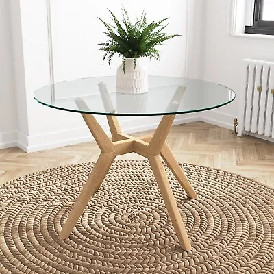 Large Round Glass Top Dining Table With Oak Legs - Seats 4 - Nori NOR001 • £269.92