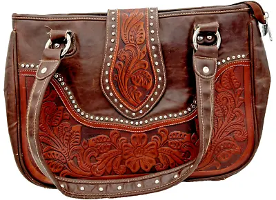 Montana West Ladies Handbag Tooled Studded Genuine Leather Dark Brown - Flaws! • $37.48