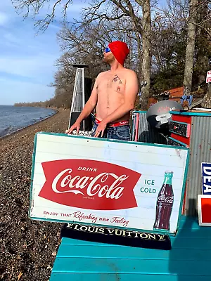 Vintage LG 56x32 Metal Coca Cola Soda Pop Bottle Fishtail Graphic Sign Coke • $745