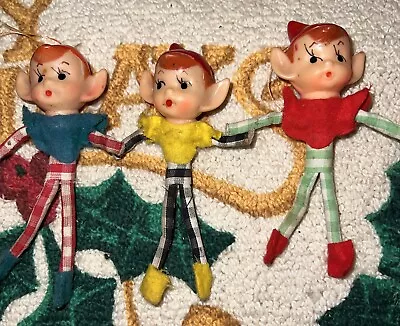 Vintage Knee Hugger Poseable Christmas Elf  Pixie Kitschy Ornaments Set 3 - MIJ • $18