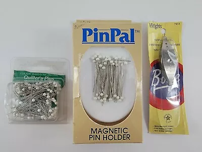 PinPal Magnetic Pin Holder - White - W/ Lots Of Quilters Pins & Tatting Shuttle • $24.95