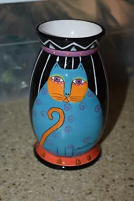 $15 • Buy Vintage 6  Laurel Burch Ceramic Vase Blue Cat Ganz