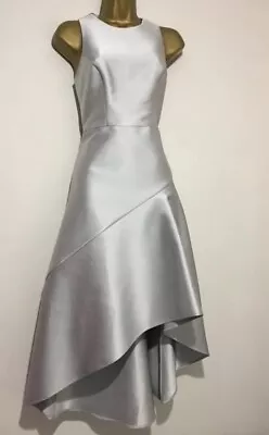 Stunning Coast CARA Silver Metallic Satin Hi Low Occasion Midi Dress Size 12 • £69.95