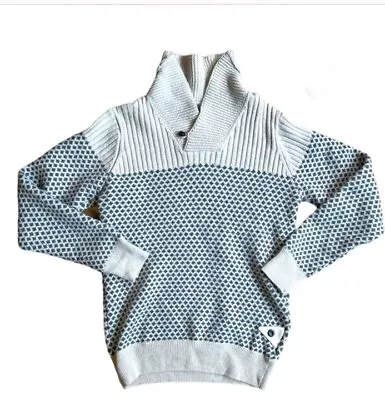 Men Barbour Chunky  Wool 1/4 Button Up Blue & White Geometric Detail Sweater S • $75