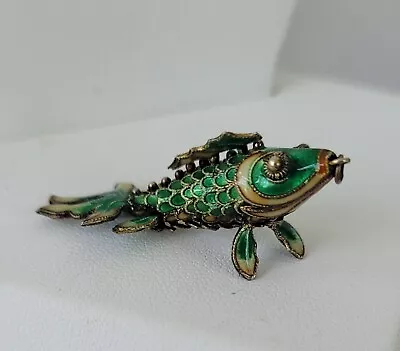 Vintage Sterling Chinese Articulated Green Enamel Fish Pendant • $25.80