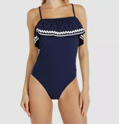 $117 J.Crew Women's Blue Ruffle Bandeau Halter Neck One Piece Swimsuit Size 4 • $37.98