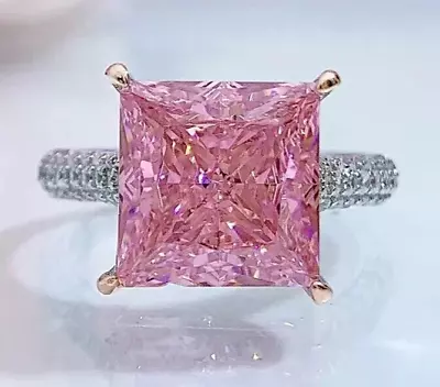 Certified 4 Ct Princess Cut VVS1 Pink Solitaire Diamond Ring In 925 Silver! • $179