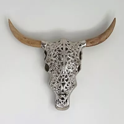 Metal Cow Skull Wooden Horns Bison Animal Head Wall Buffalo Sculpture Taxidermy • £40