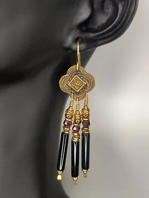 Vintage Tabra Black Beaded Dangle Pierced Earrings Rare Unique Used Jewelry  • $198