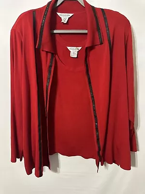 Misook Plus Size Collared Knit Cardigan & Shell Red Faux Leather Trim Set 3X • $65